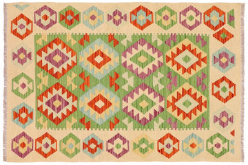 Flat Weave Kilim, Antique, Navaho, Vintage, Handmade, Geometric Kilim Green Beige Hand-Woven Rectangle 100% Wool Area Rug 3 x 5